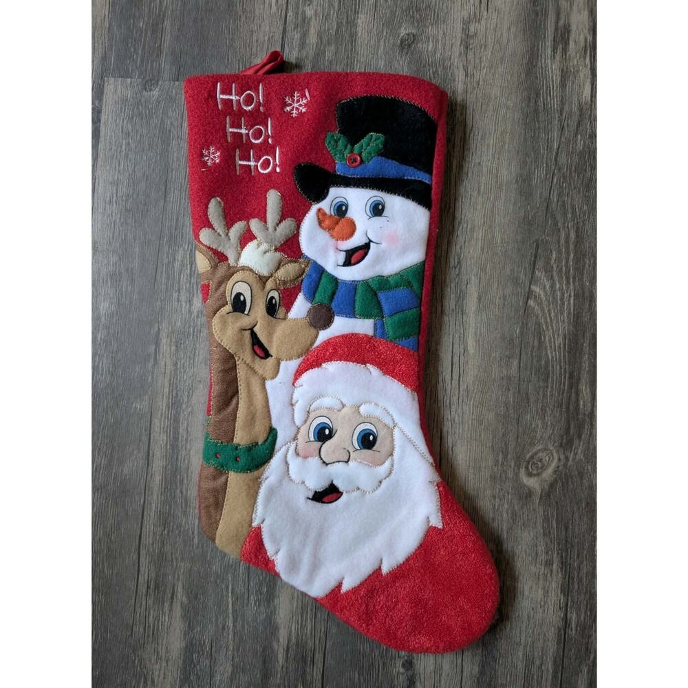 Vintage Embroidered Felt Santa Rudolph Frosty the Snowman Christmas Stocking 18"